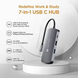 NOVOO 7-in-1 USB 3.0 Type C to USB 2.0 Type C, USB 2.0 Type A, USB 3.0 Type A, HDMI, LAN Port USB Hub (Pass-Through Charging, Dark Grey) image 4