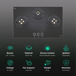 Elica DFS FB MFC 3B 70 DX Glass Top 3 Burner Automatic Hob (Round Enamelled Grid, Black) image 3