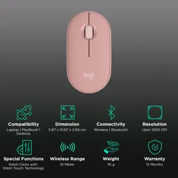 logitech Pebble Mouse 2 Wireless Optical Mouse with Silent Click Buttons (1000 DPI, Ultra Portable, Tonal Rose) image 2