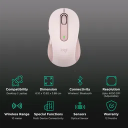 logitech Signature M650 Wireless Optical Performance Mouse with Customizable Buttons (4000 DPI Adjustable, Multi Device Connectivity, Rose) image 2