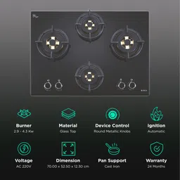 Elica DFS FB MFC 4B 70 DX Glass Top 4 Burner Automatic Hob (Round Enamelled Grid, Black) image 3