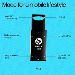 HP 712W 32GB USB 3.2 Flash Drive (Built-in Keyring Loop, 7Z374AA, Black) image 3