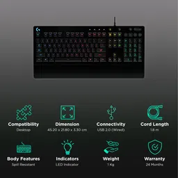 logitech G213 Prodigy Wired Gaming Keyboard with Backlit Keys (Spill Resistant, Black) image 2