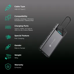 NOVOO 12-in-1 USB 3.0 Type C to USB 2.0 Type A, USB 3.0 Type A, USB Type C, HDMI, SD Card Slot, TF Card, VGA Port, LAN Port, 3.5mm Stereo Multi-Port Hub (With LED Screen, Dark Grey) image 2