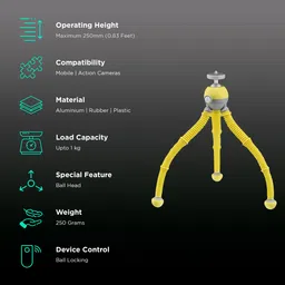 JOBY PodZilla 25cm Adjustable Tripod for Mobile and Camera (360 Degree GripTight, Yellow) image 2