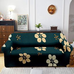 Cortina Teal Green Floral Printed Stretchable 2-Seater Sofa Cover-image-9