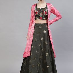 SHUBHKALA Green Embroidered Sequinned Semi-Stitched Lehenga & Blouse with Jacket-picture-13
