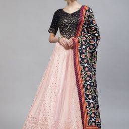 SHUBHKALA Pink & Navy Blue Embroidered Semi-Stitched Lehenga & Blouse With Dupatta-12