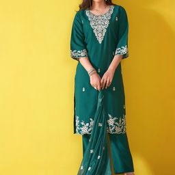 Anouk Green Floral Embroidered Chanderi Silk Straight Kurta With Trouser & Dupatta-picture-10