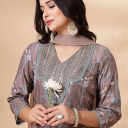 Nayam By Lakshita Floral Printed Thread Work Straight Kurta With Trouser & Dupatta-11