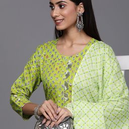 Indo Era Women Green Floral Printed Gotta Patti Pure Cotton Kurta with Trousers & With Dupatta-image-88