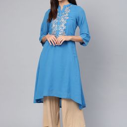 Biba Women Blue Floral Yoke Design Gotta Patti A-Line Kurta-18