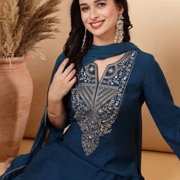 Nayam By Lakshita Floral Embroidered Sequinned A-Line Kurta With Trouser & Dupatta-21