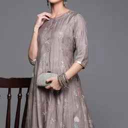 Libas Women Grey & Golden Floral Motifs Printed A-line Kurta with Pocket-image-15