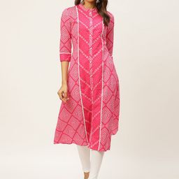 FABRIC FITOOR Women Pink & White Bandhani Print A-Line Kurta-34