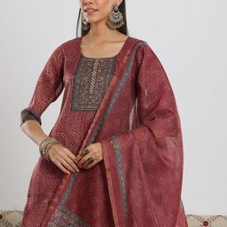 Libas Maroon Bandhani Printed Sequinned Straight Kurta with Trouser & Dupatta-9