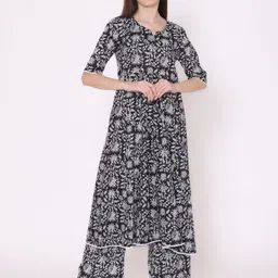 KALINI Women Black Floral Printed Pleated Pure Cotton Kurta with Palazzos-image-21