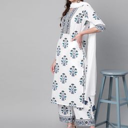 Libas Women White & Navy Blue Floral Printed Kurta with Palazzos & Dupatta-22