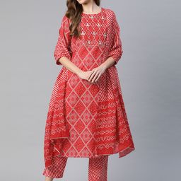 Yuris Women Red Ethnic Motifs Yoke Design Regular Gotta Patti Pure Cotton Kurta with Trousers & With Dupatta-54