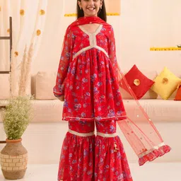 pspeaches Girls Floral Printed Regular A-Line Kurta & Sharara With Dupatta-picture-17