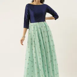 Ethnovog Women Navy Blue Embellished Fit and Flare Dress-image-63