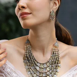Rubans Oxidised Silver & Gold Dual-Plated Multilayer Coin Statement Necklace Set-14