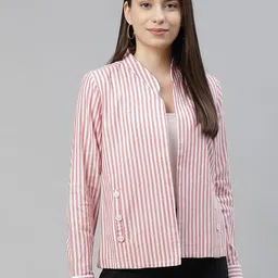 Cottinfab Women White & Red Striped Lightweight Open Front Jacket-34