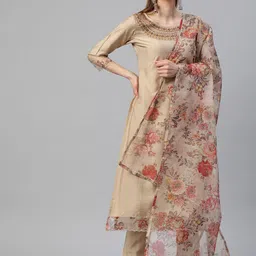 SheWill Women Beige Floral Yoke Design Sequinned Kurta with Trousers & With Dupatta-35