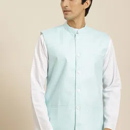 SOJANYA Men Blue Cotton Linen Solid Nehru Jacket-picture-22
