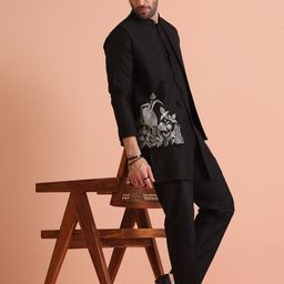 KISAH Men Animal work Regular Fit Embroidered Kurta Nehru Jacket Trouser Set-picture-36