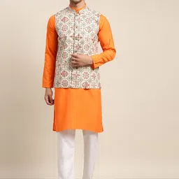 SOJANYA Men Orange Pure Cotton Kurta with Churidar & Nehru Jacket-picture-24