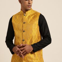 SOJANYA Men Mustard Yellow & Golden Woven Design Jacquard Silk Nehru Jacket-5