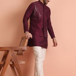 KISAH Men Embroidered Regular Fit Mirror work Kurta Nehru Jacket Trouser Set-image-68