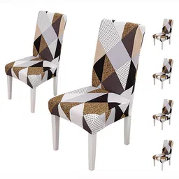 HOUSE OF QUIRK Beige & White 6 Pcs Geometric Printed Stretchable Removable Chair Cover-image-55