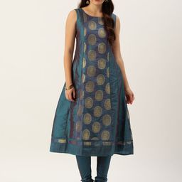 Ethnovog Teal BlueGold Made To Measure Jacquard Woven Panelled A-Line Kurta Churidar-image-12