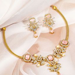 Rubans 22K Gold-Plated Peach Pink Stone White Cubic Zirconia & Pearl Floral Necklace Set-image-16