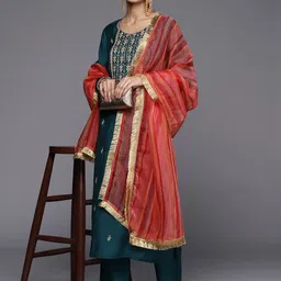 Varanga Women Teal Ethnic Motifs Yoke Design Thread Work Kurta with Trousers & With Dupatta-picture-19