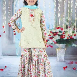 Little Bansi Girls Floral Printed Pure Cotton Kurta with Sharara & With Dupatta-picture-31