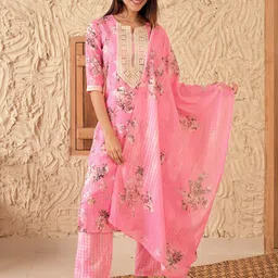 Libas Women Floral Printed Regular Thread Work Kurta with Palazzos & With Dupatta-18