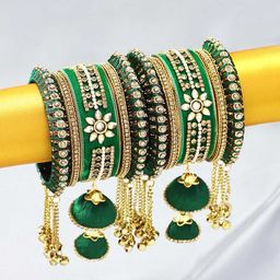 Peora Set Of 10 Gold-Toned & Green Designer Silk Thread Bridal Wedding Bangles-72