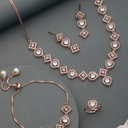 Saraf RS Jewellery Rose Gold-Plated & White AD-Studded Minimal Jewellery Set-image-109