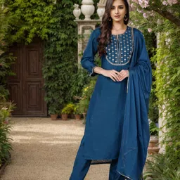 KALINI Floral Yoke Design Straight Kurta With Trousers & Dupatta-picture-32