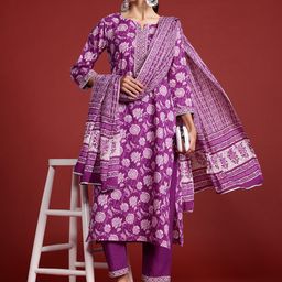 Indo Era Floral Printed Mirror Work Pure Cotton Kurta With Trousers & Dupatta-picture-43