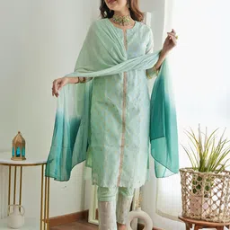 Sangria Green Ethnic Motifs Woven design Chanderi Silk Kurta With Trousers & Dupatta-23