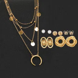 Jewels Galaxy Gold-Plated Layered Necklace & Set Of 5 Stud Earrings-4