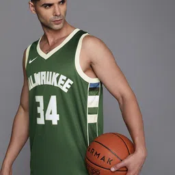 Nike Men Green & Beige Milawaukee Bulls Printed V-Neck Dri-FIT Applique Basketball T-shirt-image-95