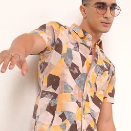 HIGHLANDER Slim Fit Abstract Printed Spread Collar Cotton Casual Shirt-image-37
