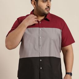 Sztori Men Plus Size Maroon & Grey Melange Colourblocked Pure Cotton Casual Shirt-picture-8