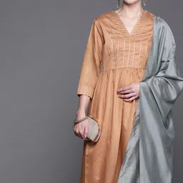 Inddus Women Coral Yoke Design Chanderi Cotton Kurta with Palazzos & With Dupatta-34