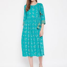 MABISH by Sonal Jain Women Blue & Golden Hand Block Print Wrap Dress-15